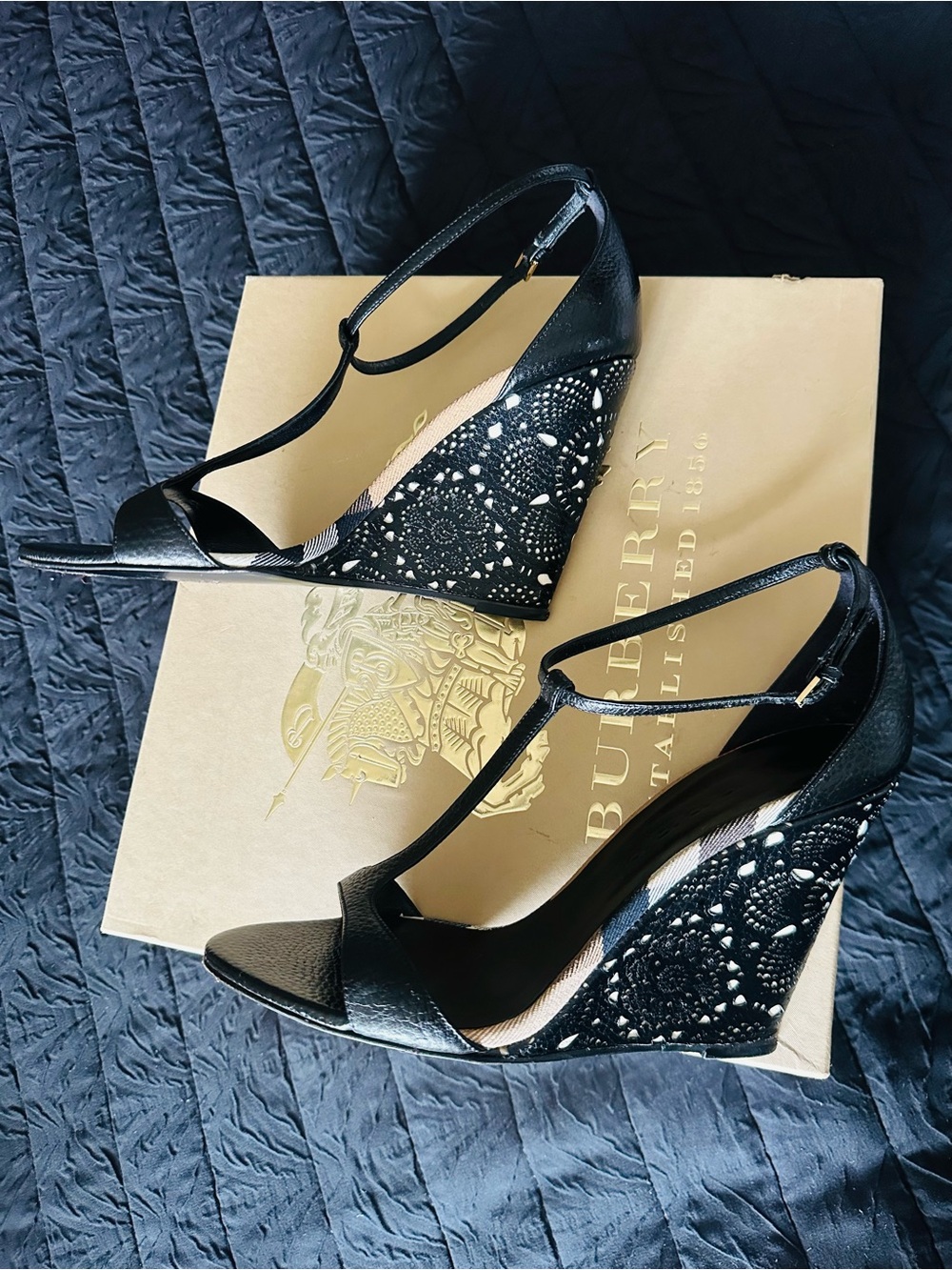 Burberry Black Laser-Cut T-Strap Wedge Sandals
